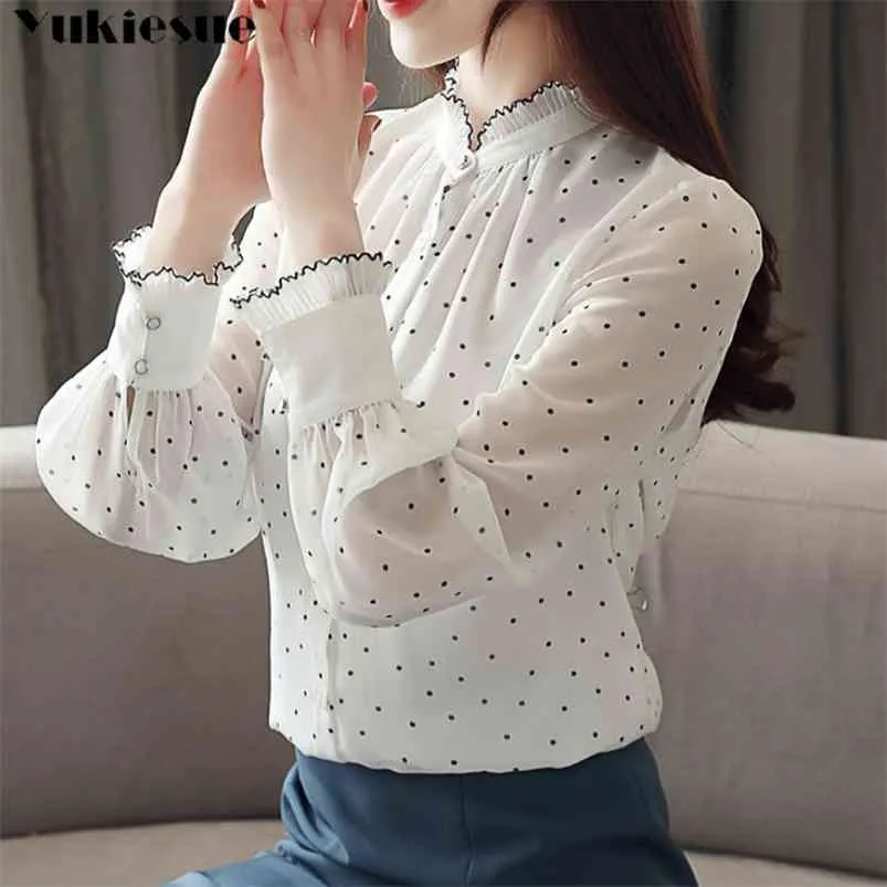 Мода женщины шифон блузка весна с длинным рукавом слоеная блузка оборками шифон леди рубашка точка узор леди блузка плюс размер 210715