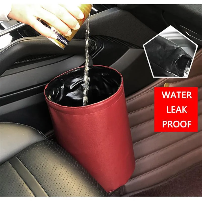 Andra interiörstillbehör Bil Trash Can Foldbar läderläcka Proof Waterproof Ashbin Dust Bin Bucket Garbage Container Pocket Auto Clean