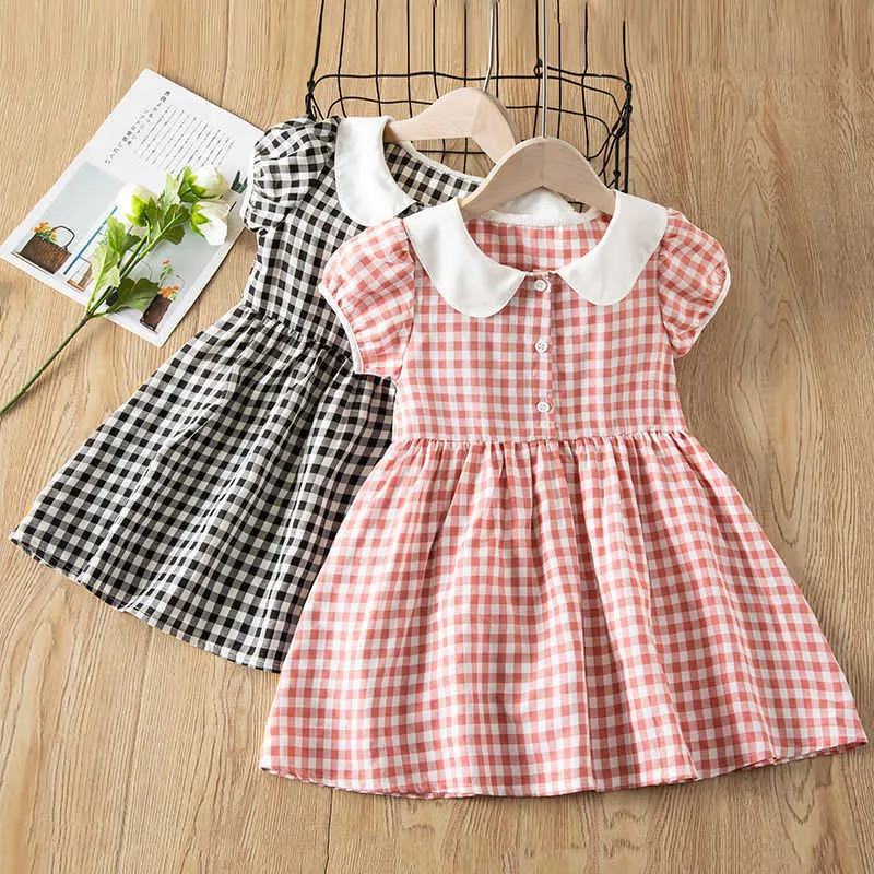 Meninas bebê verão vestido curto crianças impressão bonito o-pescoço beleza uma linha princesa vestidos xadrez saia doll crianças roupas coreanas q0716