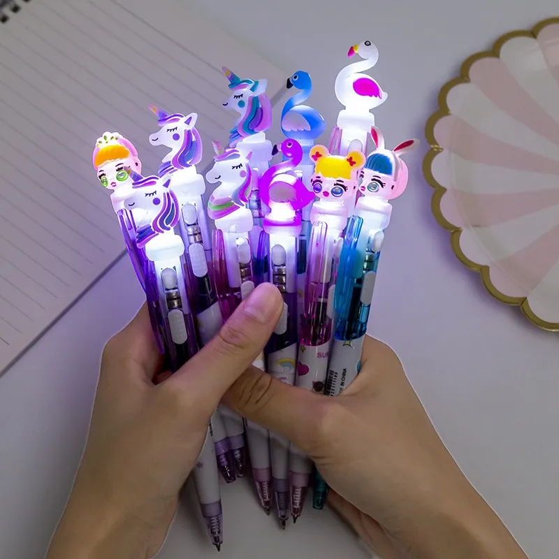 Creative Cartoon Unicorn Light Pens 6 Colors Cute Animal Incandescente Penna a sfera Cancelleria per studenti 0.5mm Strumento di scrittura Materiale scolastico 0454