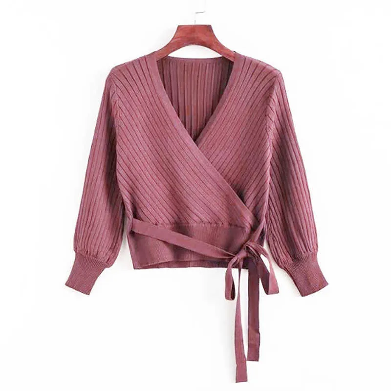 Być może U Czarny Różowy V Neck Knitted Solid Solid Puff Sleeve Sash Top Bluzka Z Długim Rękawem Jesień B0142 210529