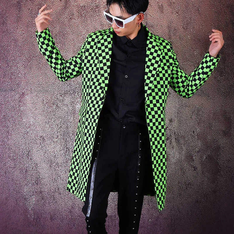 Casual Slim Fit Plaid Costume Veste Homme Streetwear Hip Hop Stage DJ Show Long Blazers Custom Made Hommes Survêtement Longue Veste Hommes X0909