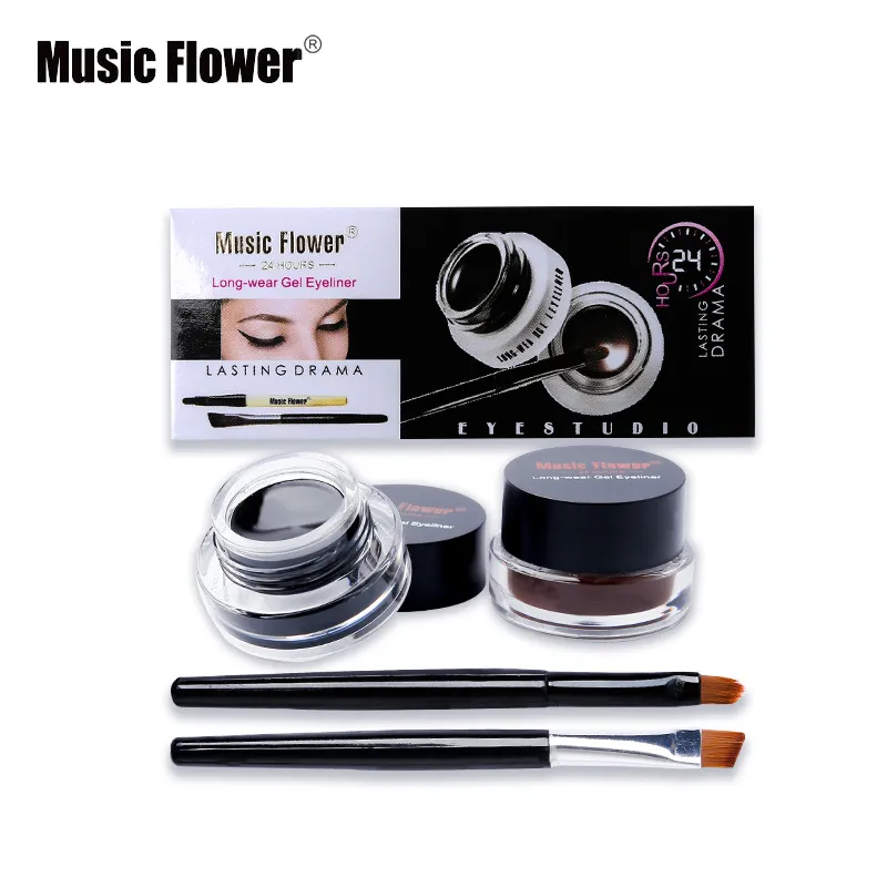 Müzik Çiçek 2 in 1 Kahve + Siyah Jel Eyeliner Makyaj Su Geçirmez Kozmetik Seti Göz Kalemi Makyaj Göz Maquiagem