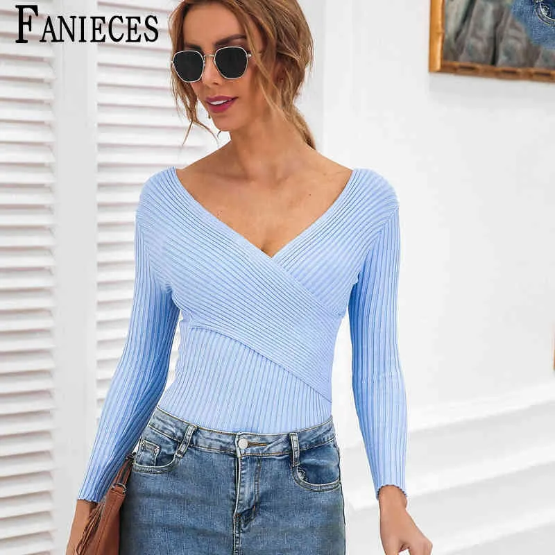 Kobiety Sweter Sky Blue V-Neck Wiosna Moda Ubrania Z Długim Rękawem Solid Casual Pullover Koreański Dzianiny Spadki Pull Femme 210520