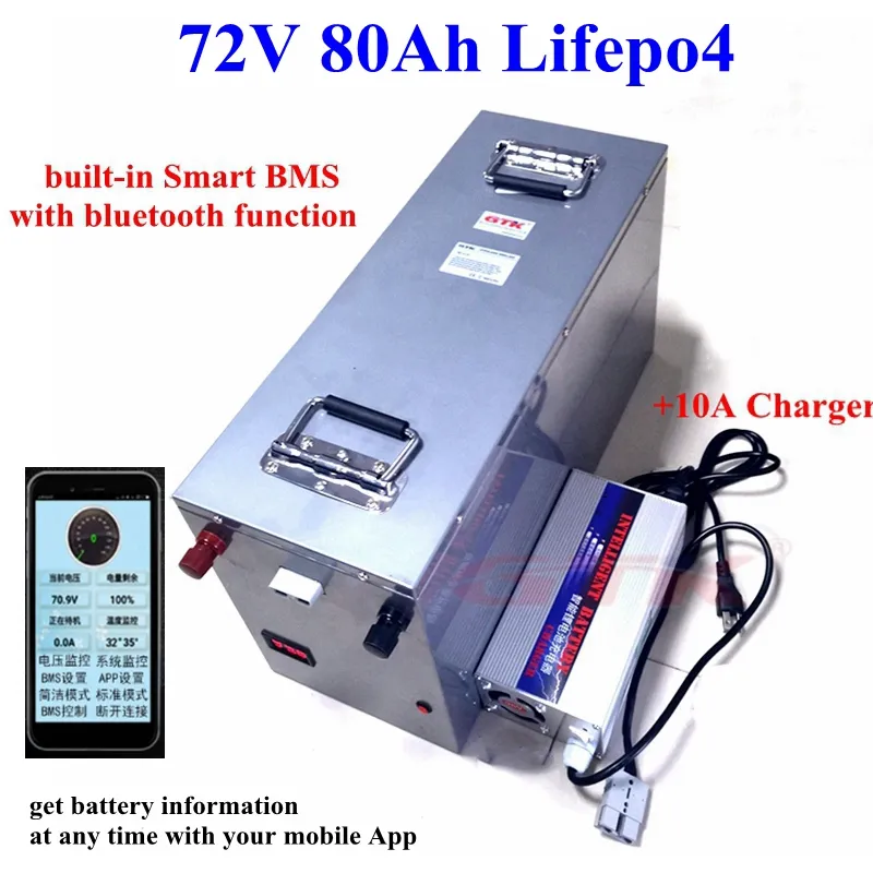 New 72V 80AH LIFPO4 Bateria de lítio BMS BBMs com Bluetooth para 8000W 72V RV Automóvel Motocicleta Barco Carrinho de Golfe + 10A Carregador