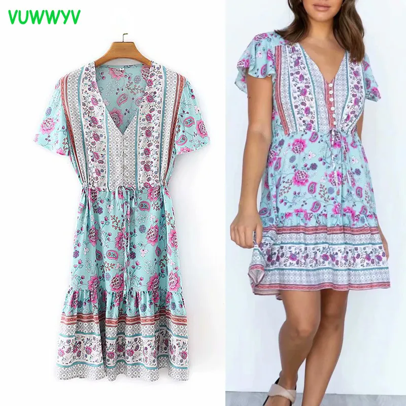 Платье Летние шикарные винтажные цветочные печать женщин с коротким рукавом плиссированные мини женщина эластичный пояс талии Vestidos 210430