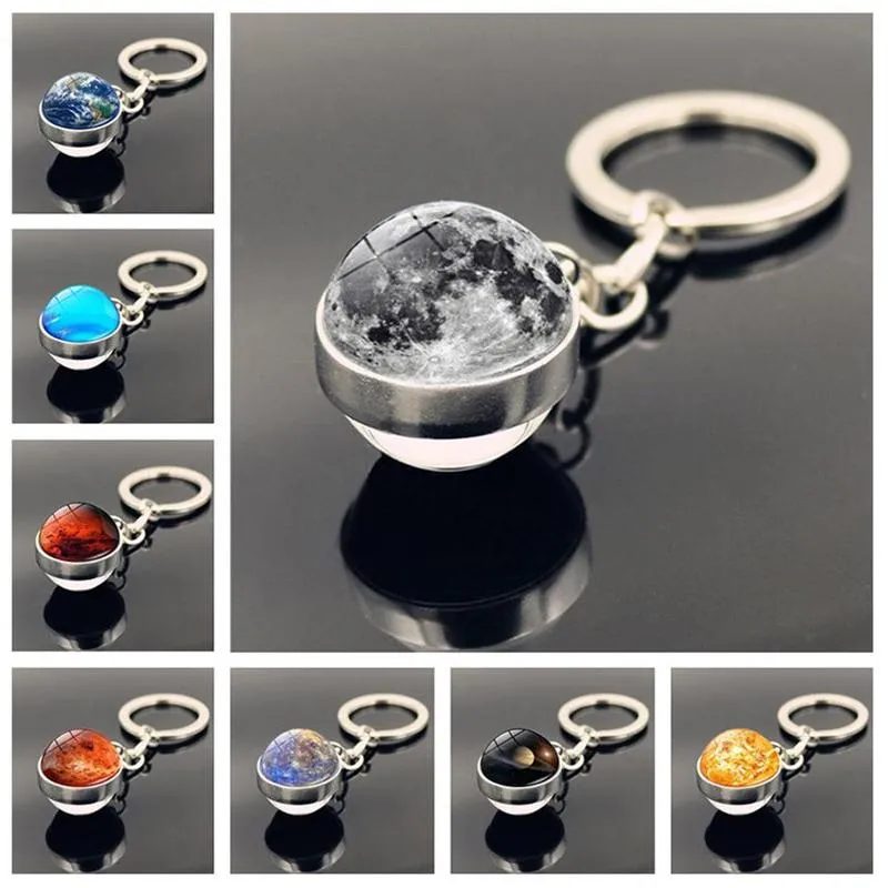Solar System Planet Keychain Moon Earth Sun Art Picture Chain Pendant Glass Keychain Double Luminous Jewelry Key Car
