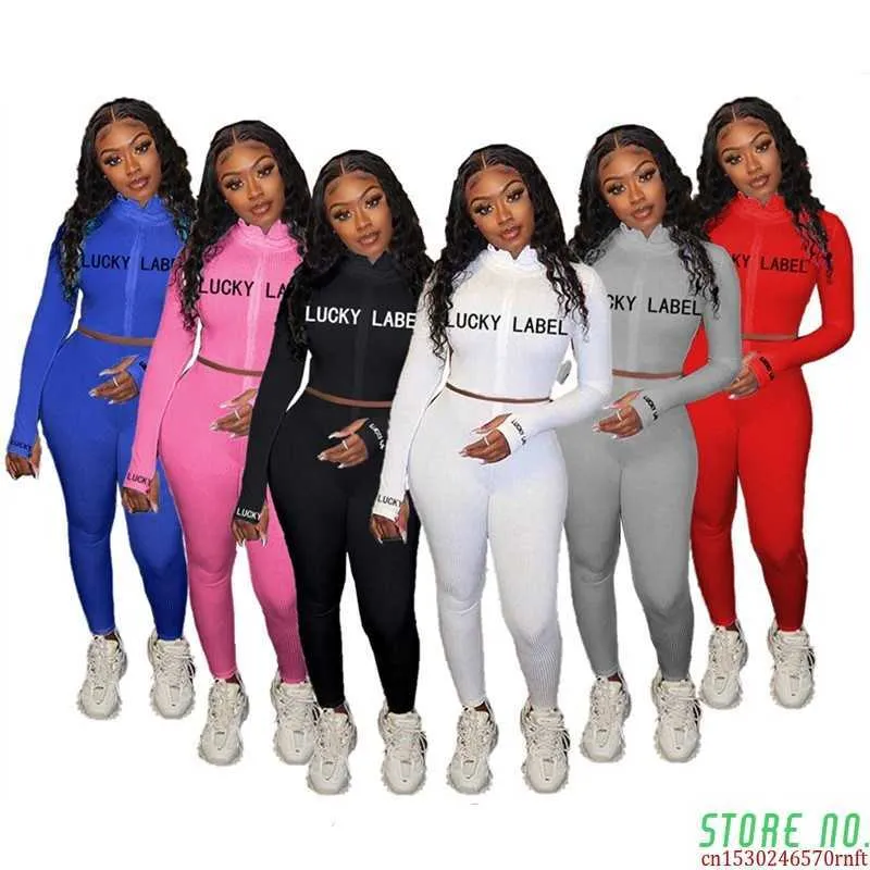 Lucky Label 2 Parte Set Mulheres Fall Fitness Fitness Roupa Tracksuit Stretch Top Leggings Conjunto de Correspondência Menina Atacado Dropshpping Q0801