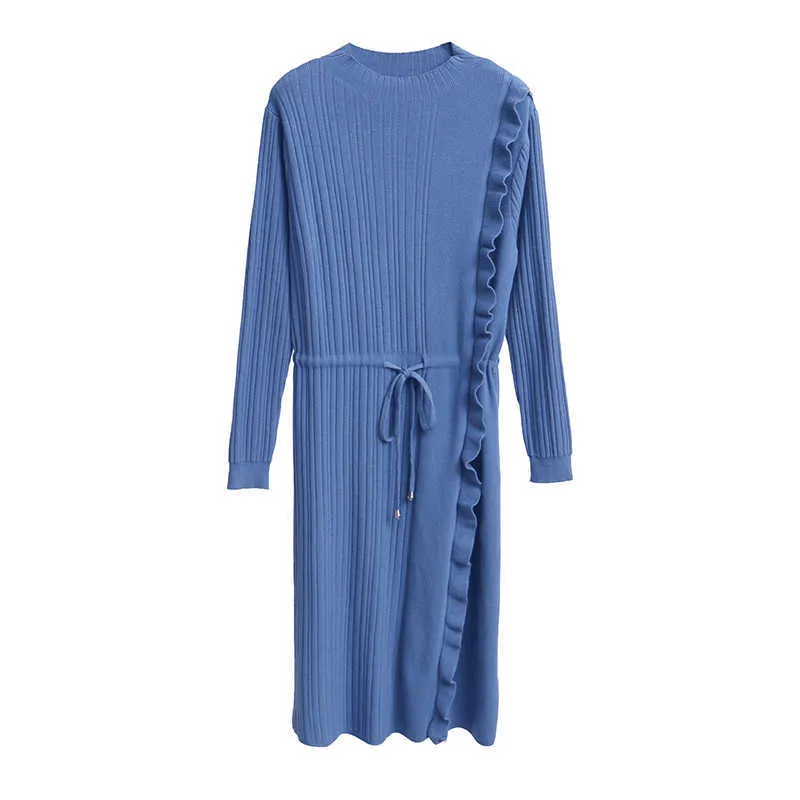 PERHAPS U Blue Black Apricot Caramel Purple Knitted O Neck Long Sleeve Empire Lace-up Knee Length Dress Autumn D1971 210529