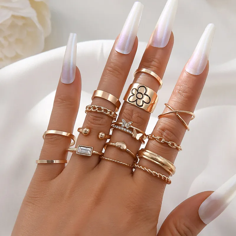 S2674 Fashion Jewelry Knuckle Ring Set Gold Butterfly Flower Chain Crossed Geometric Stacking Rings Midi Rings Set 15st/Set