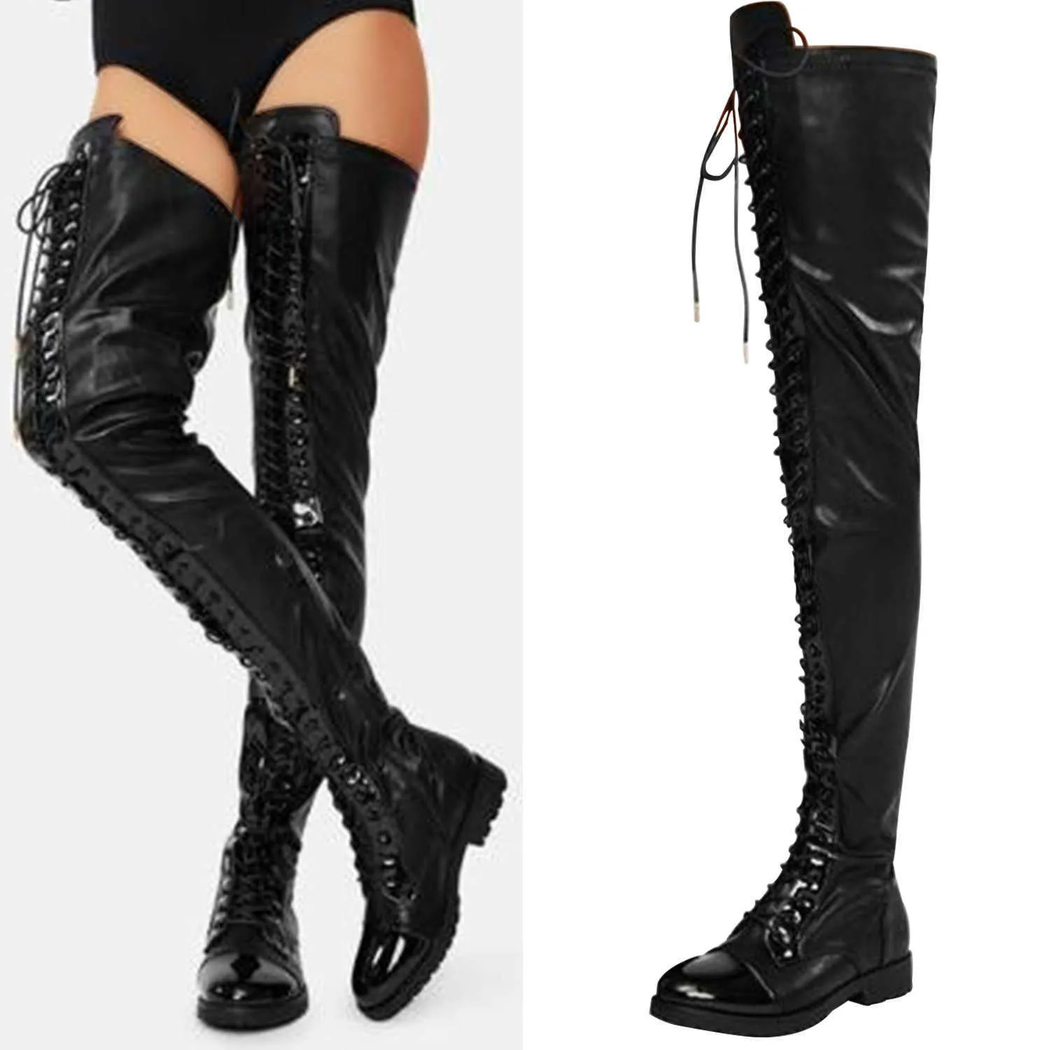 Female Thick Heel High Heels Thigh High Boots Fashion Black Platform Long Tube Booties Women Gothic Lace Up Shoes Woman Y1018