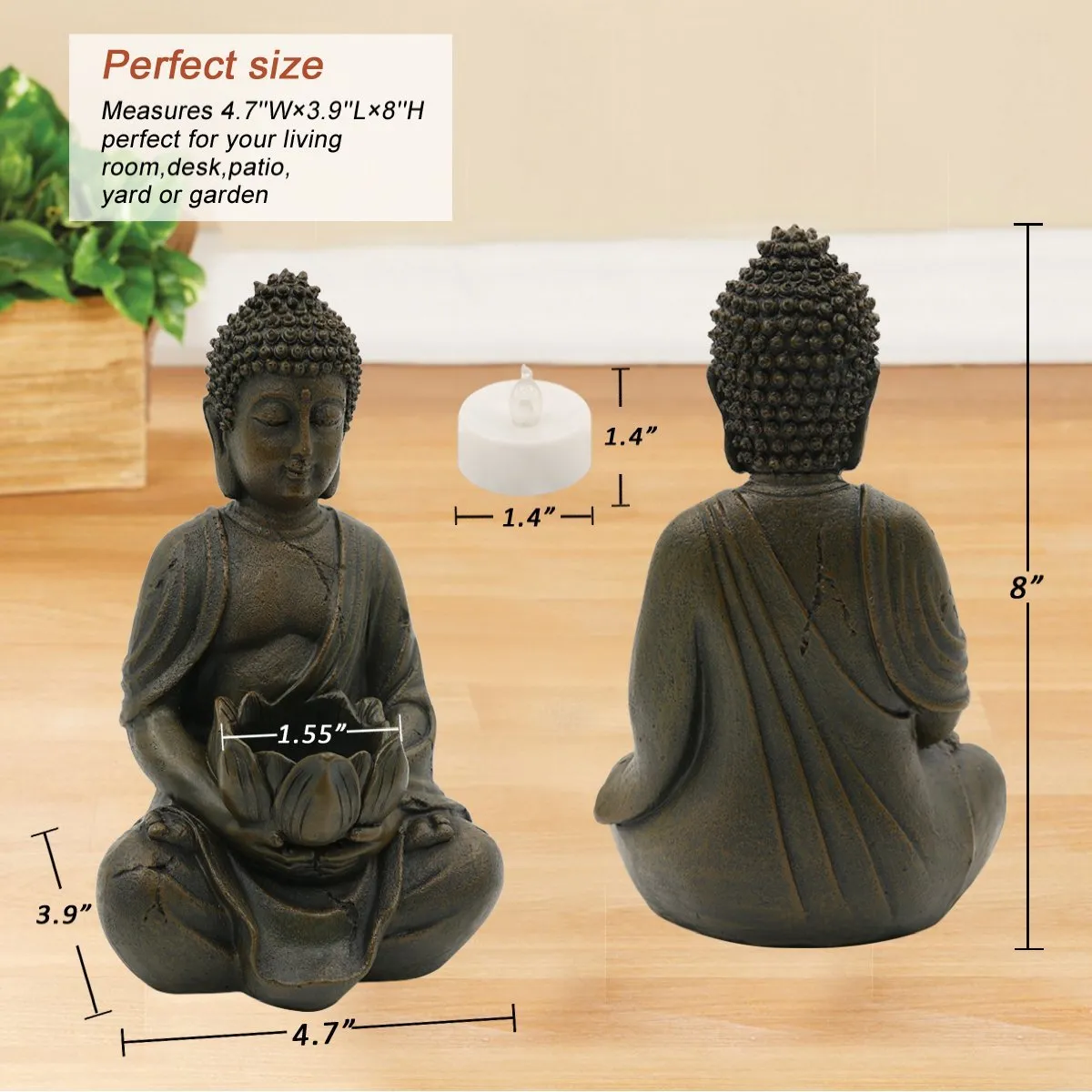 Petit Photophore Bouddha 14 Cm - Statue Zen En Résine Grise Pour Maison Et Jardin