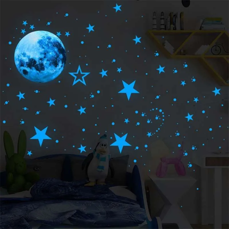 435 pcs / set Luminous Moon Stars dots Etiqueta de la pared habitación de los niños sala de estar decoración del hogar calcomanías Resplandor en la oscuridad Pegatinas 210929