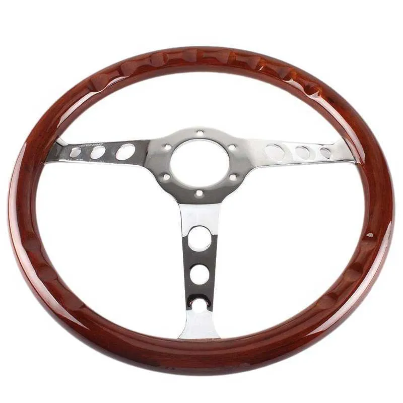 15 Inch (380mm) Classic Wood & Chrome Steering Wheel - 3 Spoke Walnut Grip, Universal 6 Hole Fit For Car Modifications