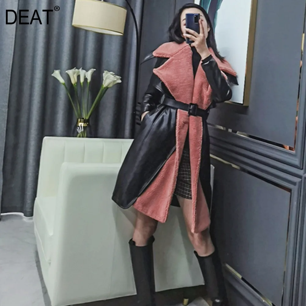 DEAT New Autumn Winter Fashion Casual Black Leather Women Long Splicing Lamb Hair Big Lapel Plus Cotton Thickened SG835 210428