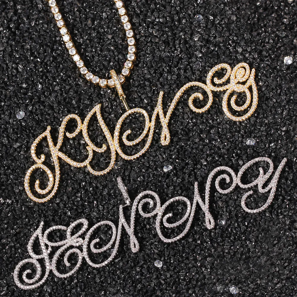 2021 Personnalisé Glacé Lettre Initiale Nom Pendentif Collier Bling CZ Pierre Cubique Zircone Cursive Charmes Bijoux Saint Valentin Noël Anniversaire Cadeau pour Hommes Femme