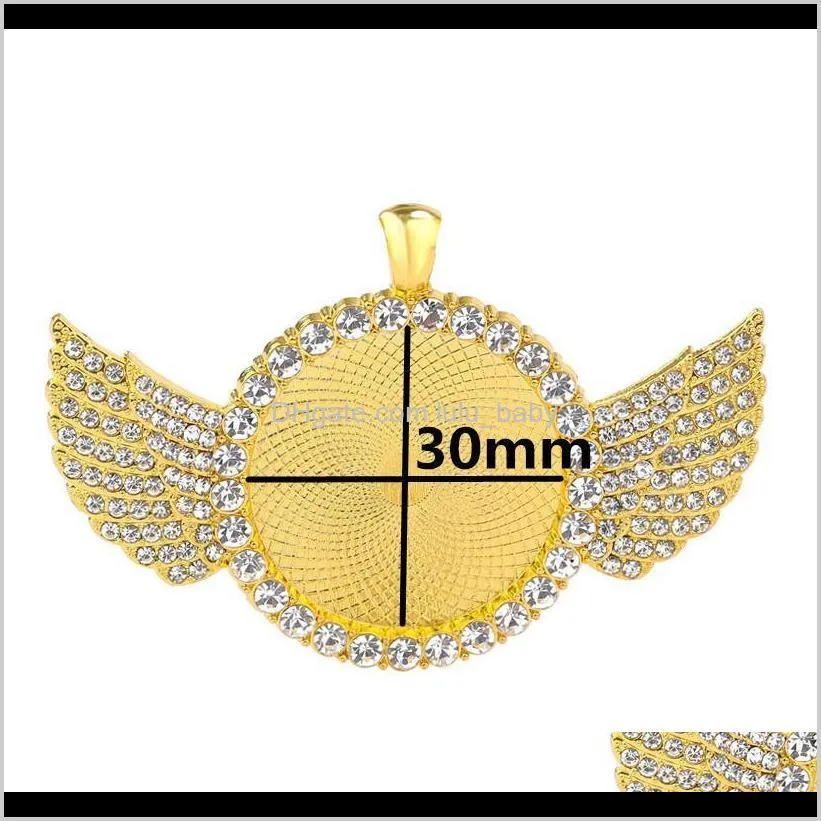 30mm diy jewelry accessories round bottom brackets time gem sublimation blank pendant with wing for hot transfer printing necklace
