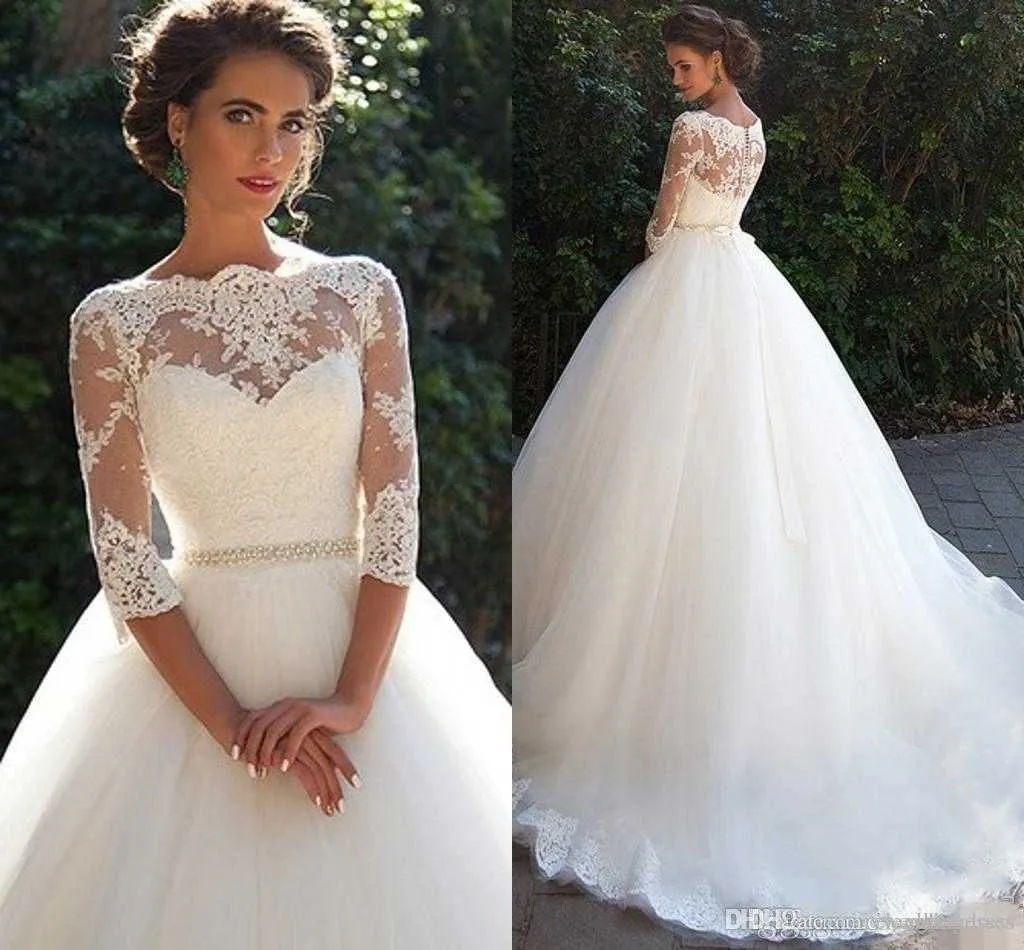 Country Vintage Lace 2021 Wedding Dresses O Neckline Half Long Sleeves Pearls Tulle Princess A-Line Cheap Bridal Dresses Plus Size