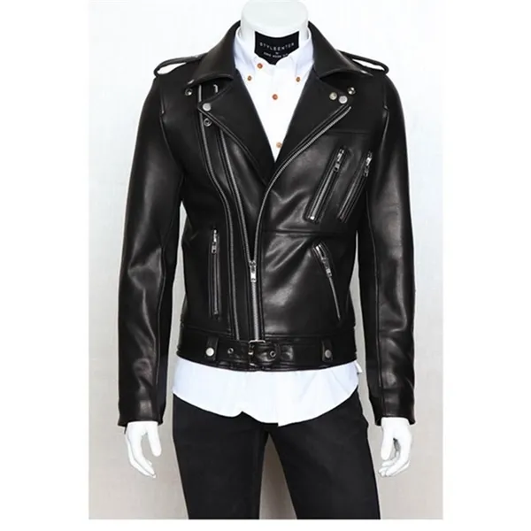 2021Spring and Autumn High-quality Men's Solid Motorcycle Multi-zipper Lapel Epaulet Zipper Pocket Slim Men's Leather Jacket X0621