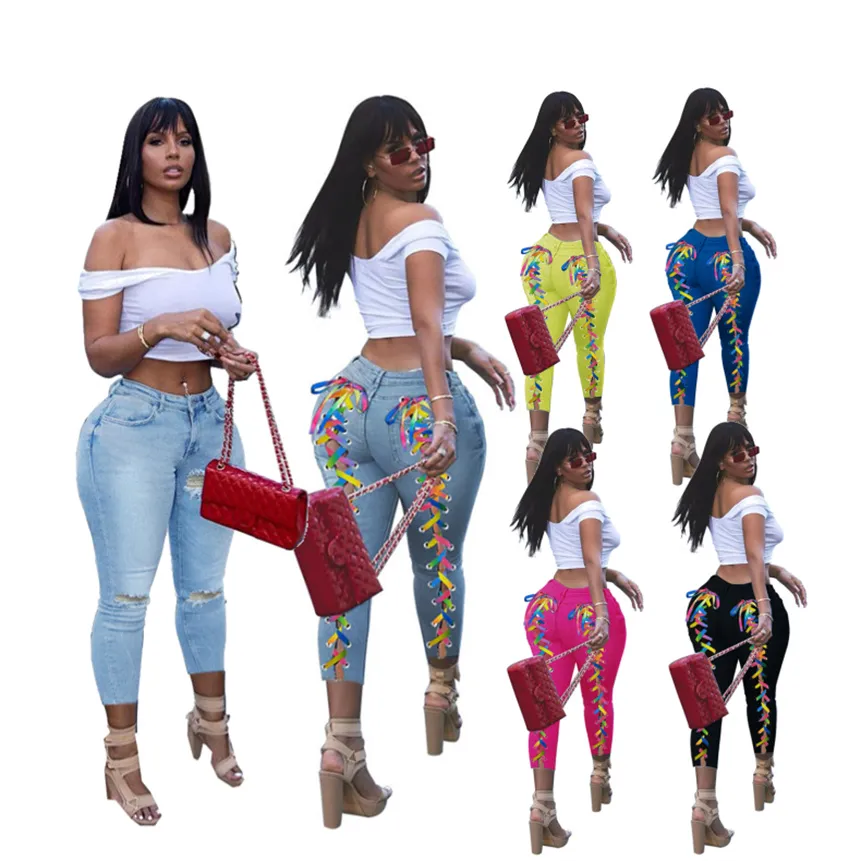 Femmes Sexy Jeans Lavé près du corps pantalon évider Denim Pant Fashion Club Bandage Leggings S-2XL Noir Streetwear 5348