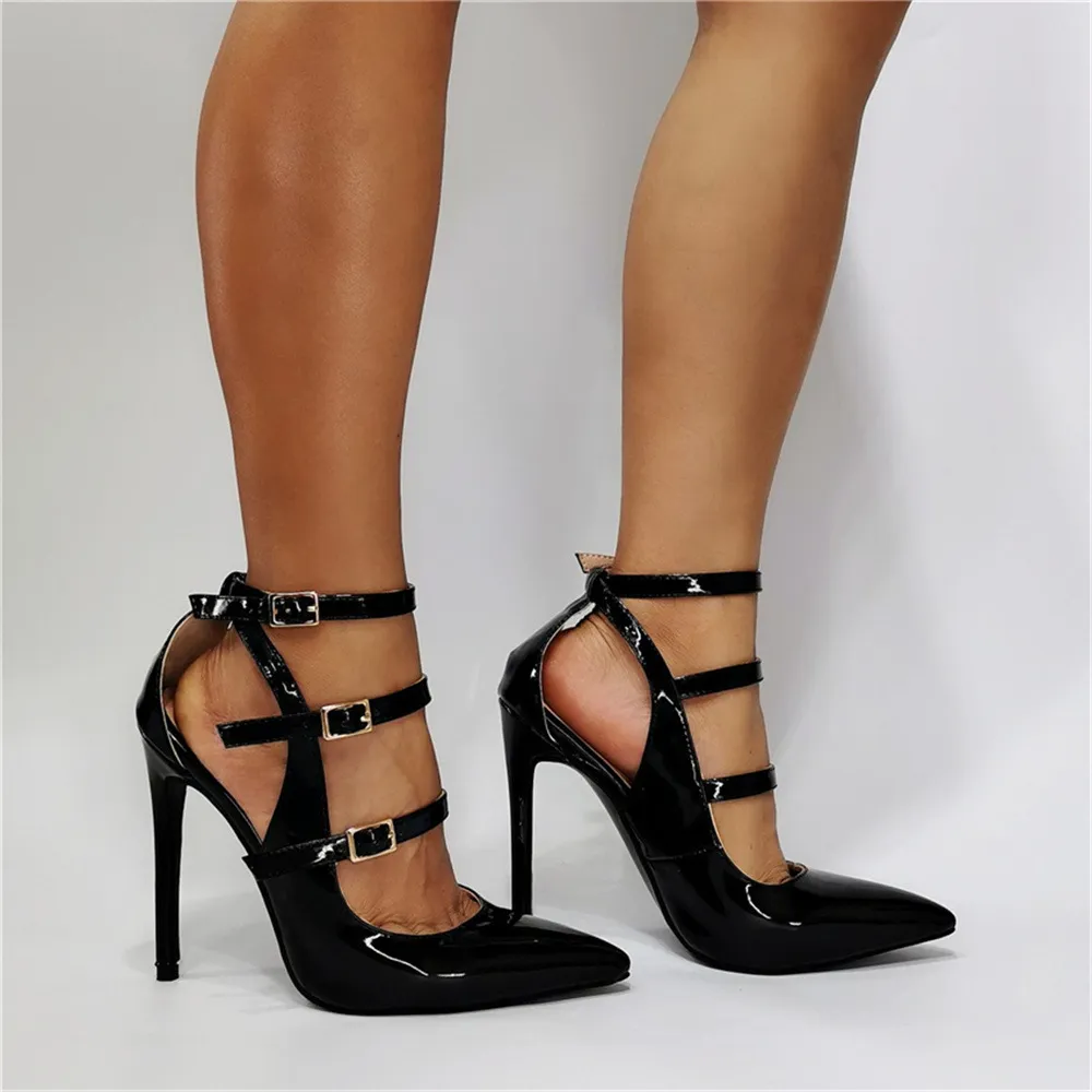 Designer Handmade Ladies Stiletto Shoes Black High Heel Buckle Strap Large Size 47 Daily Shoes European And American Style H10-W28