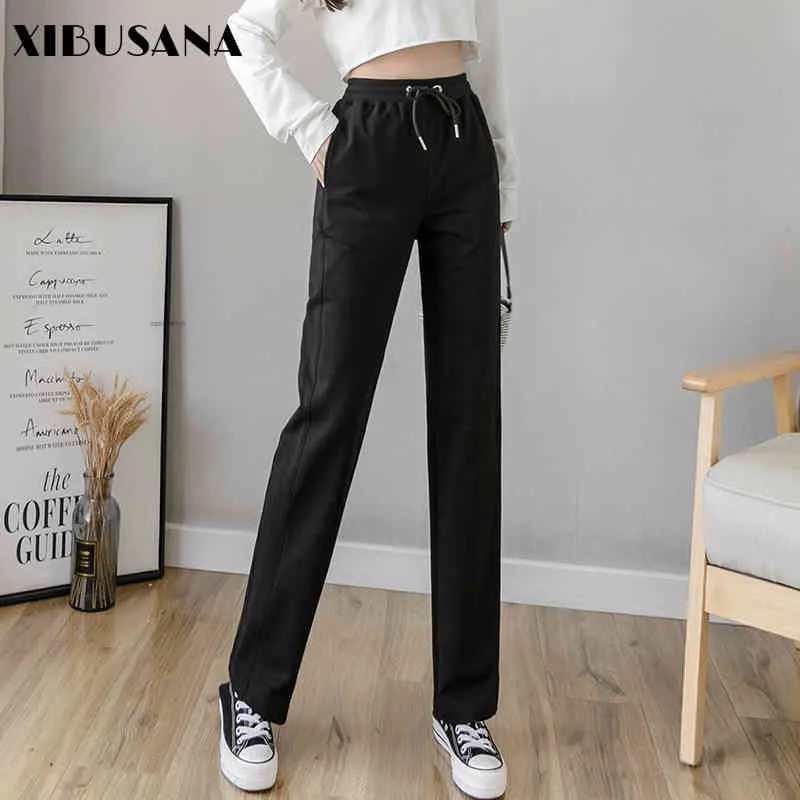 Autumn Trousers Black straight Loose Pants Casual Trouser Elastic Waist Lacing Thin Women High 210423