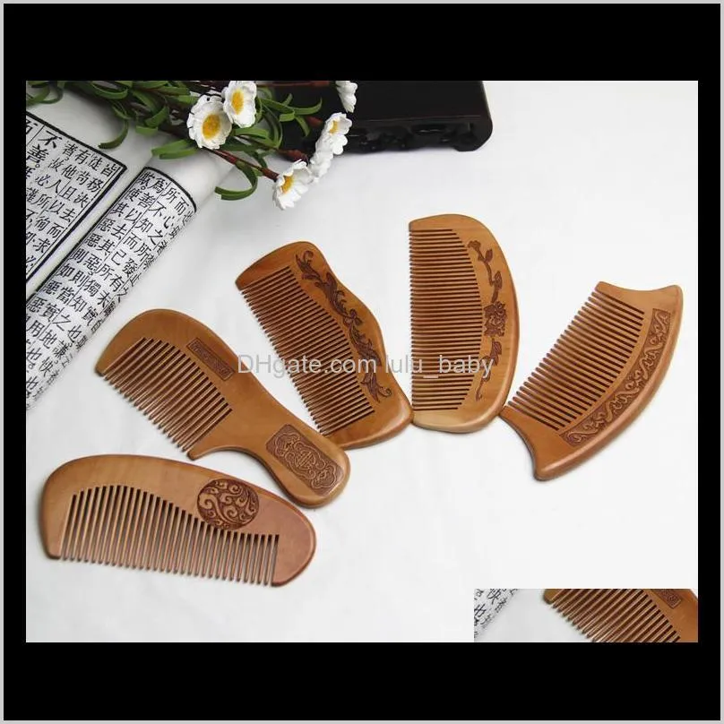 natural peach combs thickened carved wood combs anti-static massage scalp health portable hair comb wedding favor women`s gifts