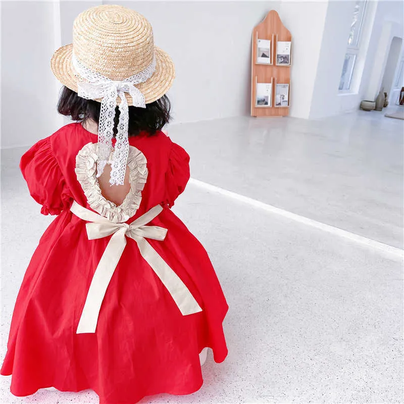 Lolita Kleinkind Mädchen Open Back Rotes Baumwollkleid für Sommer Kinder Sommerkleid mit Gürtel Kinder Strandkleidung 210529