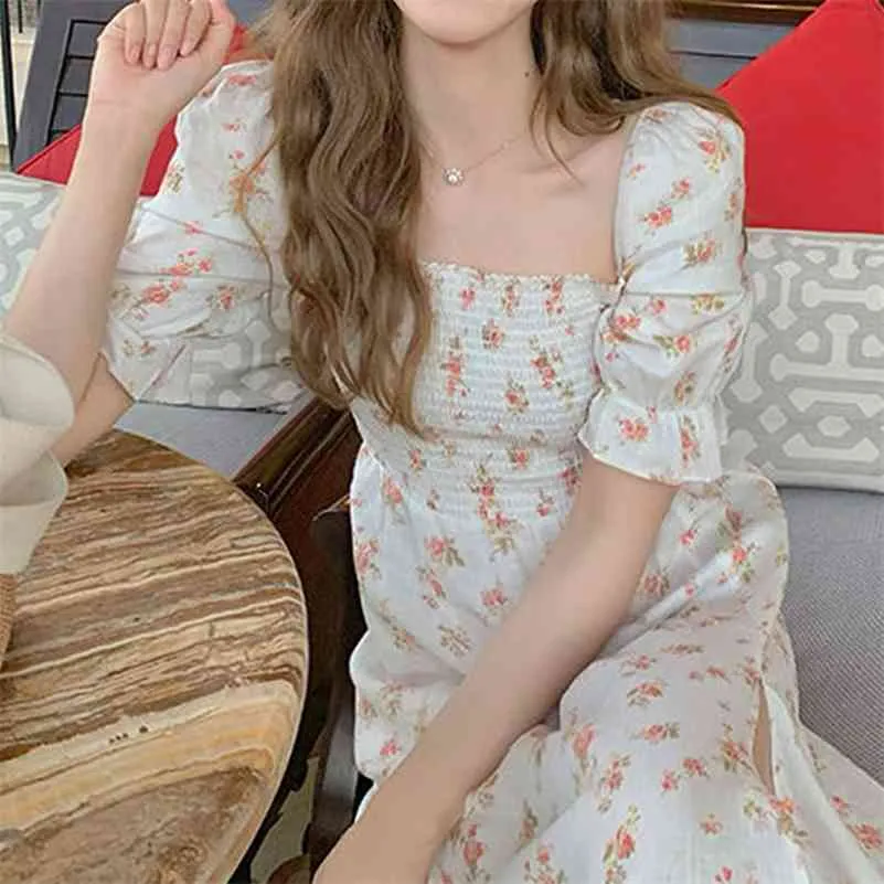 Dress Korean Square Collar Elegant Midi Dress Women Short Sleeve Design Sweet Casual Floral Dress Beach Summer 210521