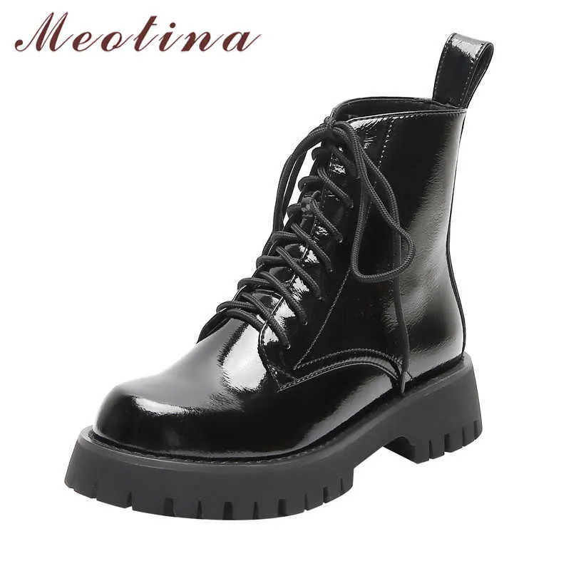 Meotina Motorcycle Boots Women Shoes Real Leather Platform Mid Heel Ankle Boots Lace Up Thick Heels Short Boots Ladies Black 40 210608