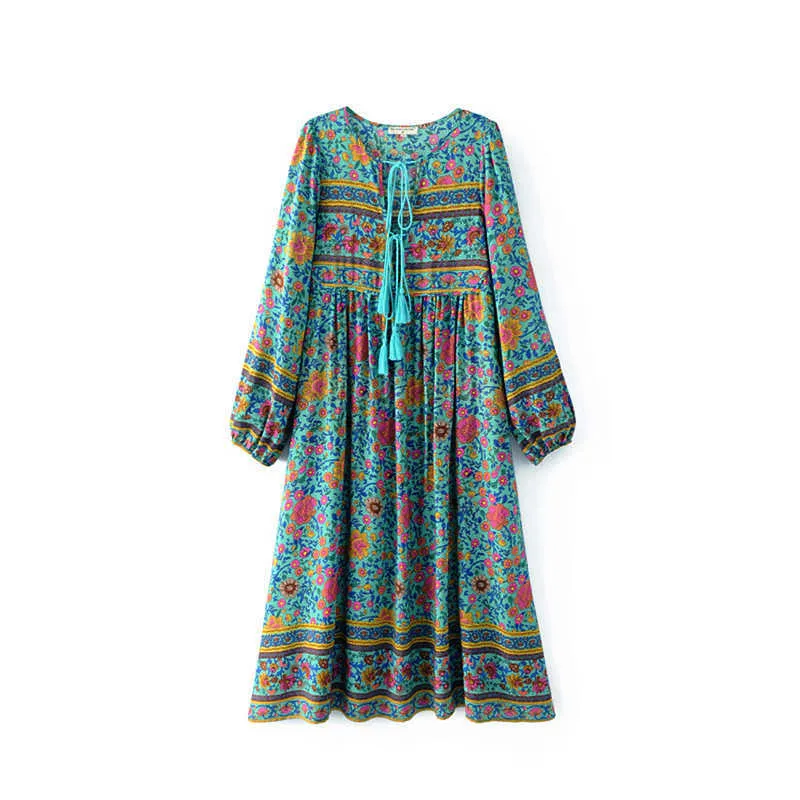 Boho Bohemian Floral Print Tassel in Hindi Maxi Dress -PERHAPS U Green, Full Long Sleeve, O Neck (D0212)
