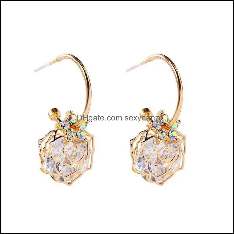 S1140 Hot Fashion Jewelry S925 Silver Post Hollowed Rose Earrings Zircon Dangle Earrings