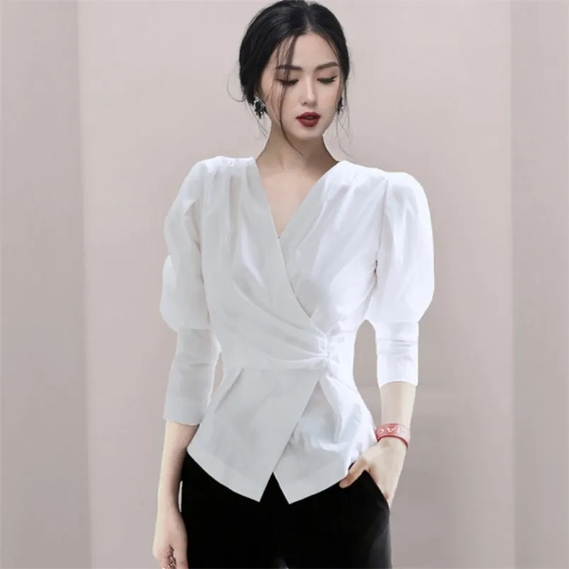 Spring Women White Blouse Shirt Elegant V-Neck Puff Sleeve Office Lady Ol Slim Bomull Chic Toppar 210519