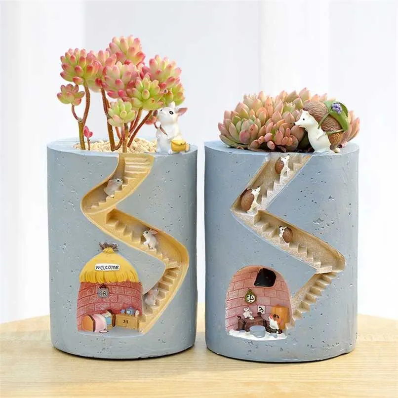 Creative Animal Resin Flowerpot Succulents Planter Water Planting Container Rabbit Hedgehog Decorative Pot Desktop Ornament home 211130