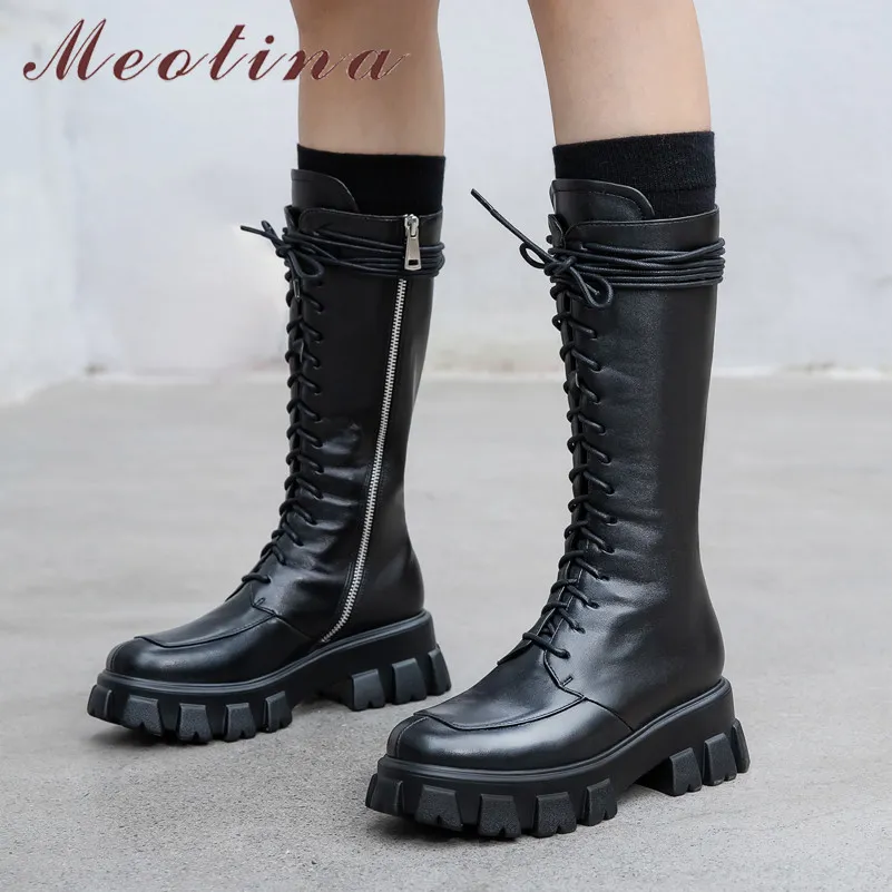 Plate-forme en cuir véritable talon haut mi-mollet bottes moto femmes chaussures à lacets talons épais fermeture éclair dame noir 210517