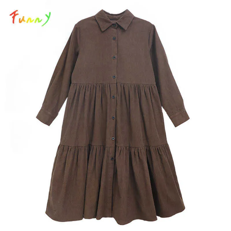 6年から16歳の子供ティーンエイジャーの女の子Ruffle Corduroy Midiのドレス長袖ボタンシャツのドレス秋冬服Q0716