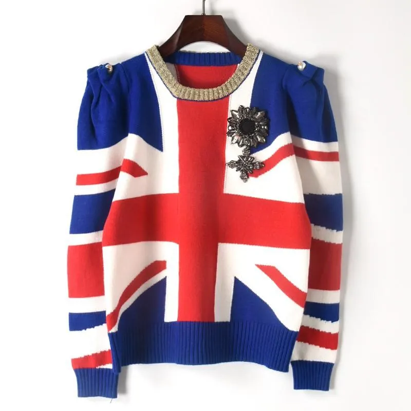 Suéteres de mujer para pasarela diseñador pulóver 2021 Otoño Invierno suéter mujer bandera británica Jacquard Jersey encogiéndose de hombros insignia de punto Jumper Tops