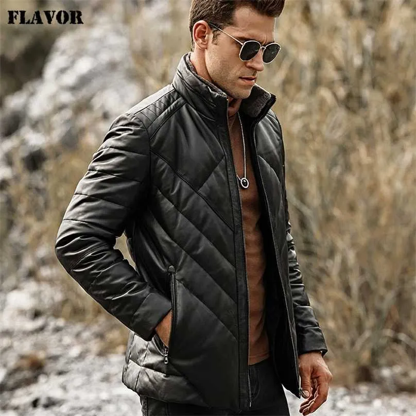 SAVEUR hommes en cuir véritable doudoune hommes en peau d'agneau véritable hiver chaud manteau en cuir avec col amovible en fourrure de mouton debout 211222