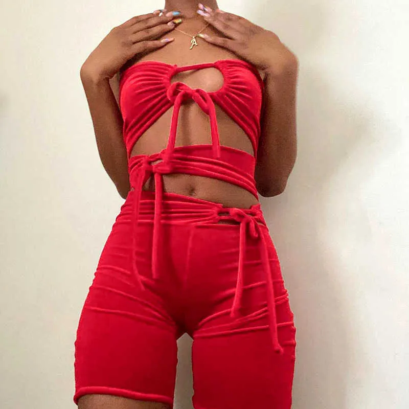 Irregular Hollow Out Front Ribbons Jumpsuits Sexy Lady Playsuits Solid Casual Women Summer Clothing Party Club Streetwear 210604