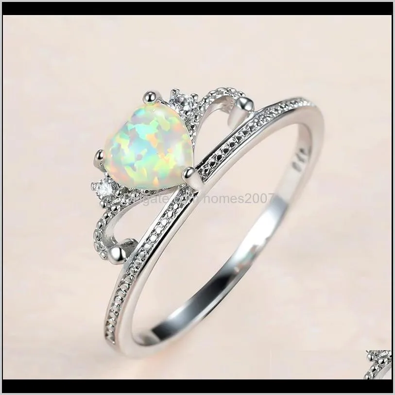 simple female white heart opal ring charm silver color wedding classic crystal queen crown engagement rings for women