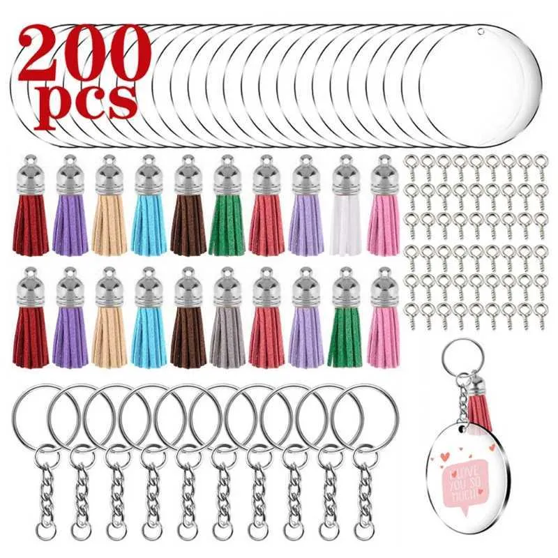 200 pièces Kit de porte-clés en acrylique avec porte-clés, anneaux de saut, disques ronds transparents, cercles colorés, pendentifs à pampilles pour bricolage H0915