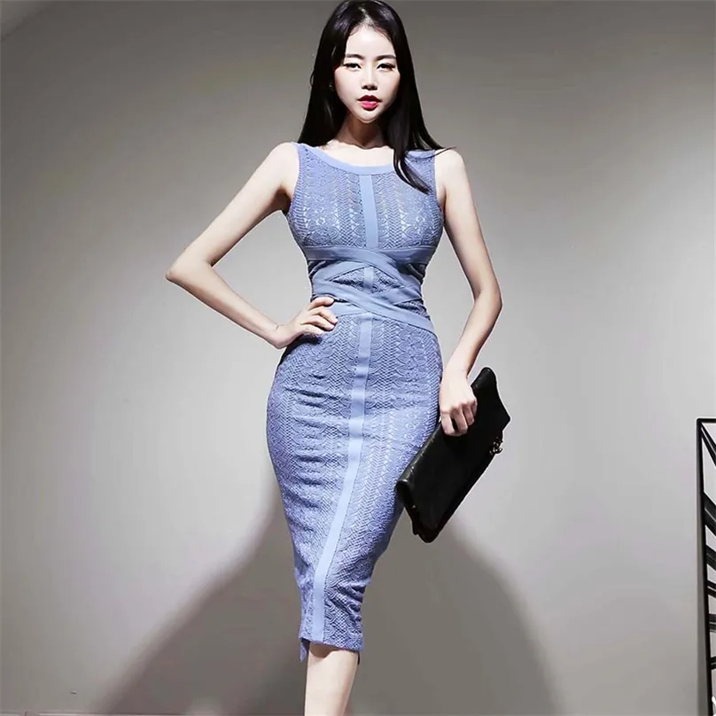 Vestido De Laço Senhoras Coreanas Sexy Verão Sem Mangas Da Tripulação Pescoço Escritório Formal Trabalho Vestidos Para Mulheres 210602