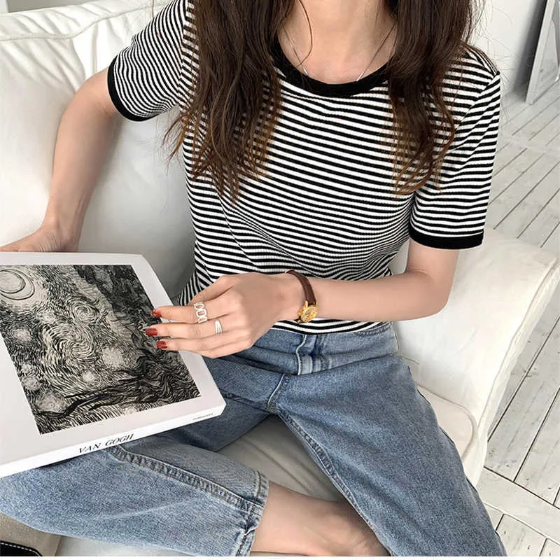 T Shirts Women Korean Summer New Vintage Patchwork Striped Soft Knit Simple Top Slim Thin Casual Short Sleeve O Neck Tee Shirt X0628