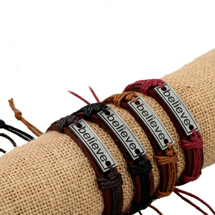 Brev Tro på Id Tag Charm Armband String Justerbar Läderarmband Armband Bangle Manschett för Kvinnor Mäns Mode Smycken Will och Sandy