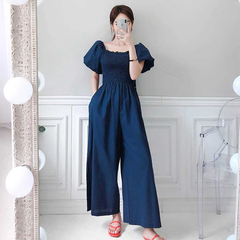 Vintage Women Jumpsuit Summer Short Sleeve Casual Solid Bodysuit Chic Korean Fashion Elegant Wide Leg Playsuit 210529