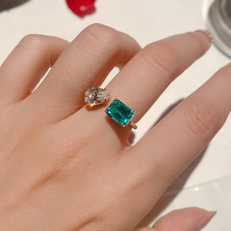 Charm Emerald Dimaond Promise Ring 925 Sterling Silver Engagement Banding Banding Banding para mulheres Presente de jóias de noiva