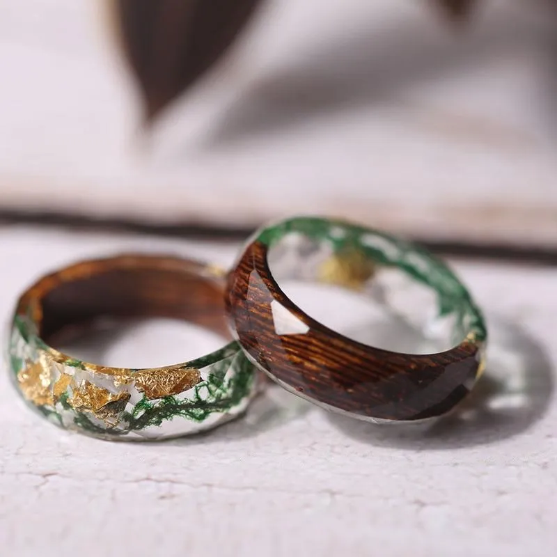 Anillos De Boda Madera Y Musgo Para Mujeres Escama De Oro Dentro