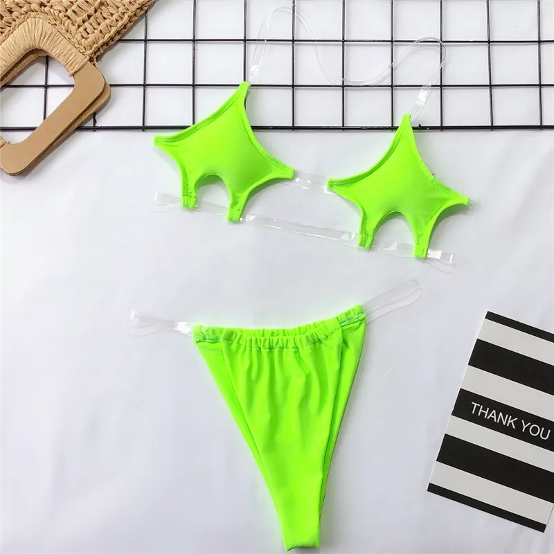 Neon Green Micro Bikini Set With Clear Strap, Push Up Thong