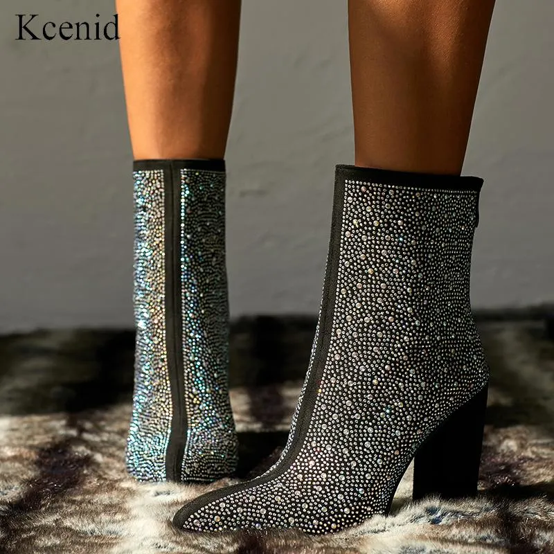 Çizmeler KCENID 2021 Moda Elmas Kristal Streç Akın Kadınlar Için Yüksek Topuklu Ayak Bileği Sivri Burun Ayakkabı Kadın