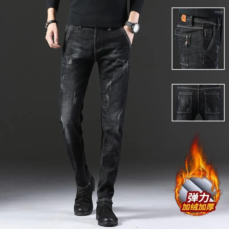 Men's Jeans Men Winter Black Denim Wool Liner Thicker Warm Jean Pants High Quality Stretch Fleece Size 38